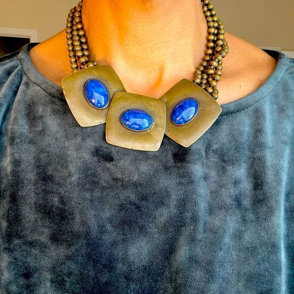 Modern Brass and Lapis Stone Necklace - Picture 1 of 4